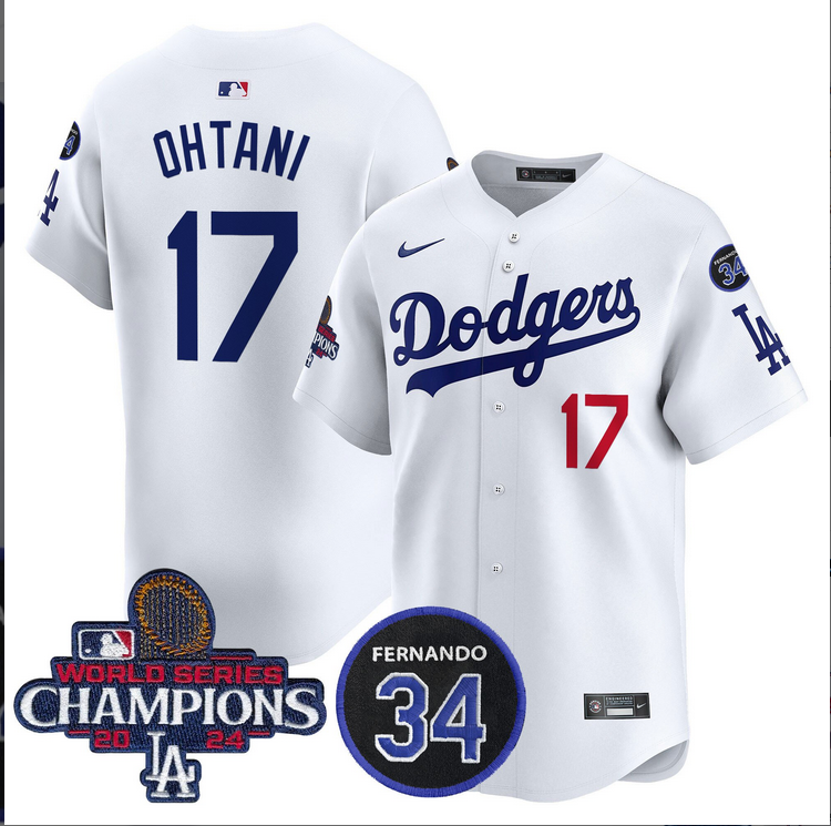 Men MLB Los Angeles Dodgers #17 Ohtani white 2024 World Series Champions Patch Limited Jersey->los angeles dodgers->MLB Jersey